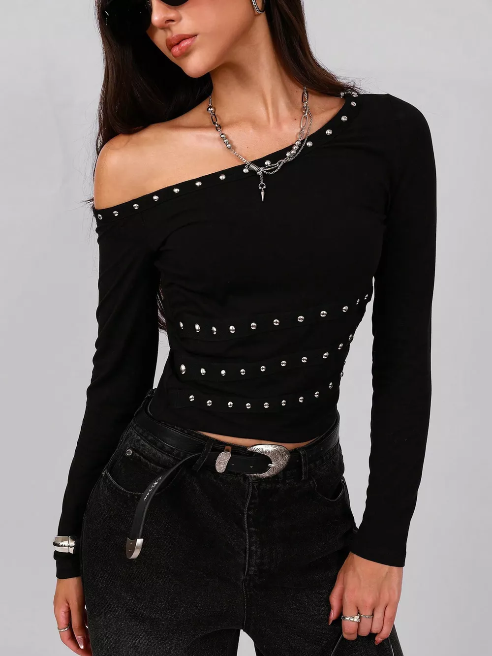 Studded One Shoulder Long Sleeve T-Shirt, image 3
