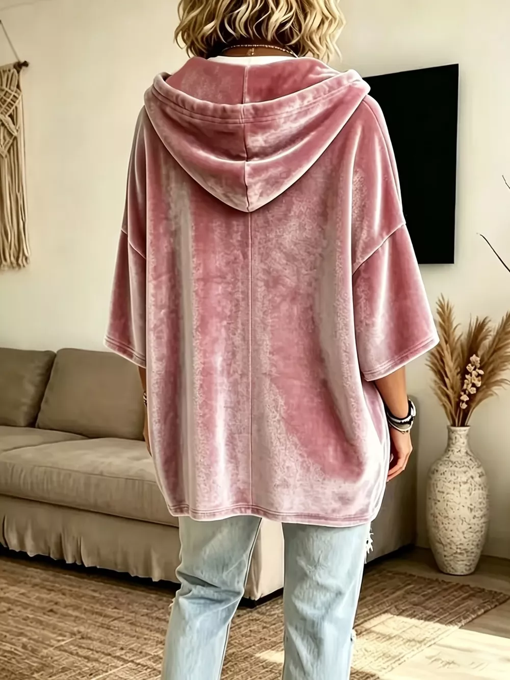 Full Size Velvet 3/4 Sleeve Hoodie with Kangaroo Pocket Plus Size, image 2