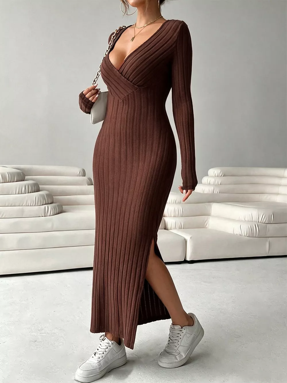 Slit Long Sleeve Ribbed Knit Maxi Dress, image 4