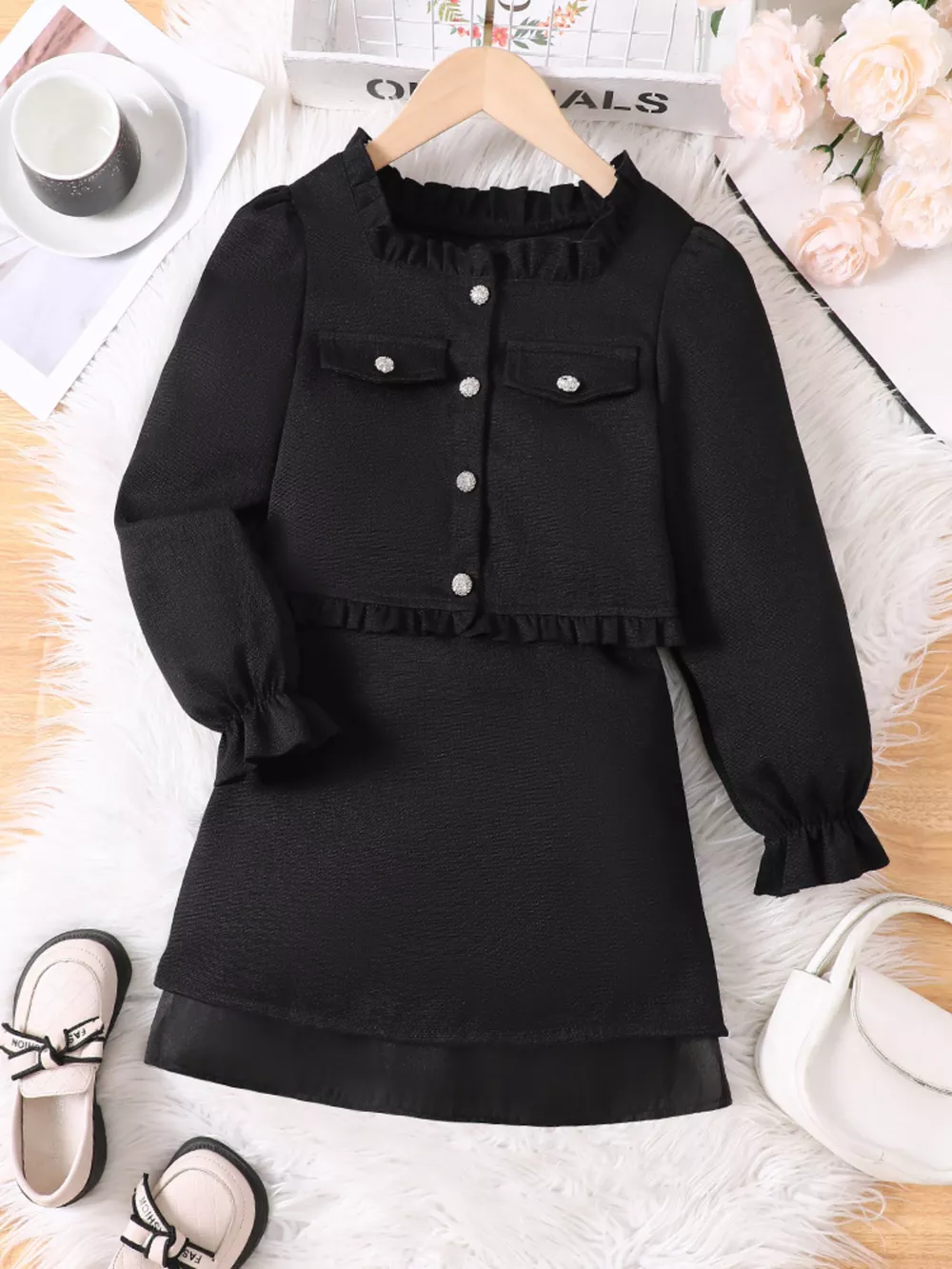 Children's Ruffle Trim Top and Skirt Two-Piece Outfit Set