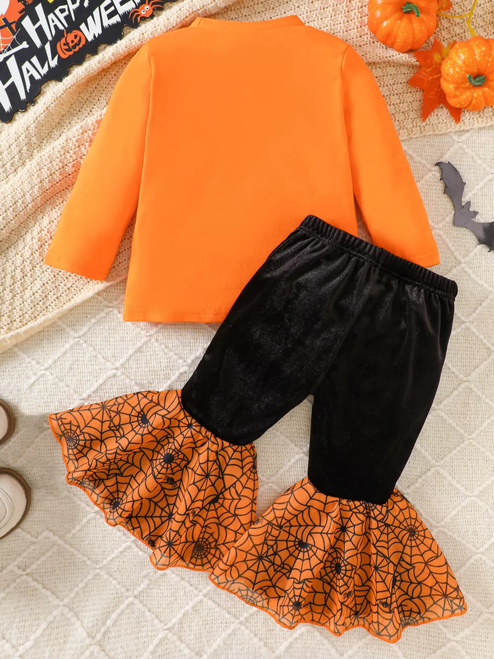Children's Halloween Pumpkin Long Sleeve Top and Spiderweb Bell Bottom Set, image 6