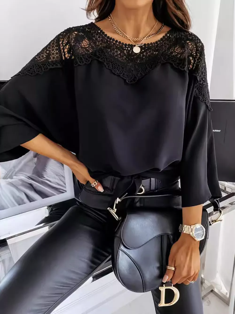 Lace Trim Long Sleeve Blouse, image 4