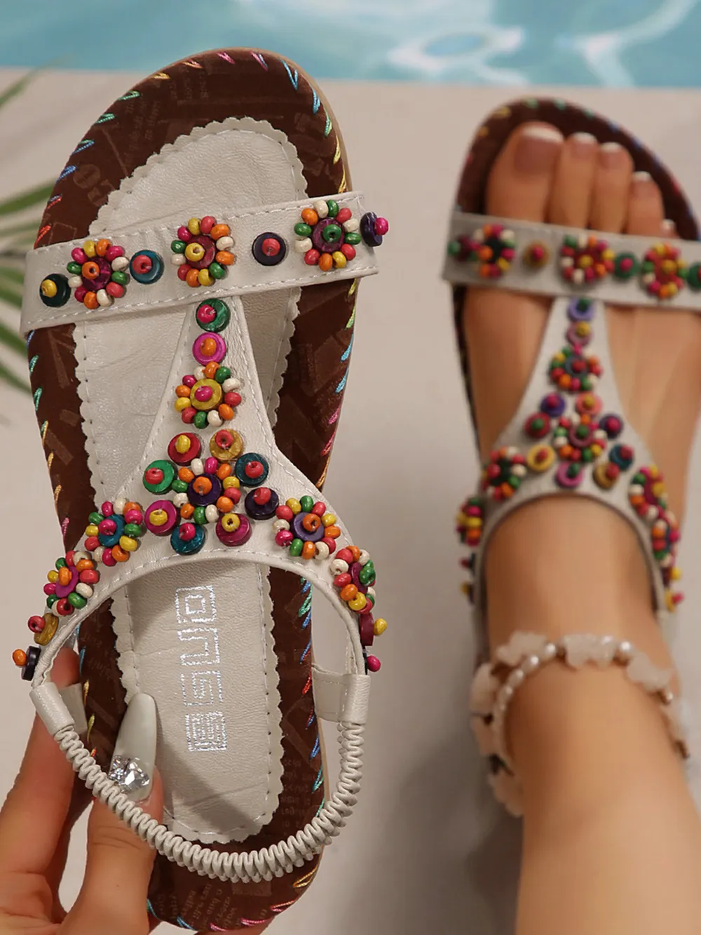 Beaded T-Strap Flat Sandals, image 7