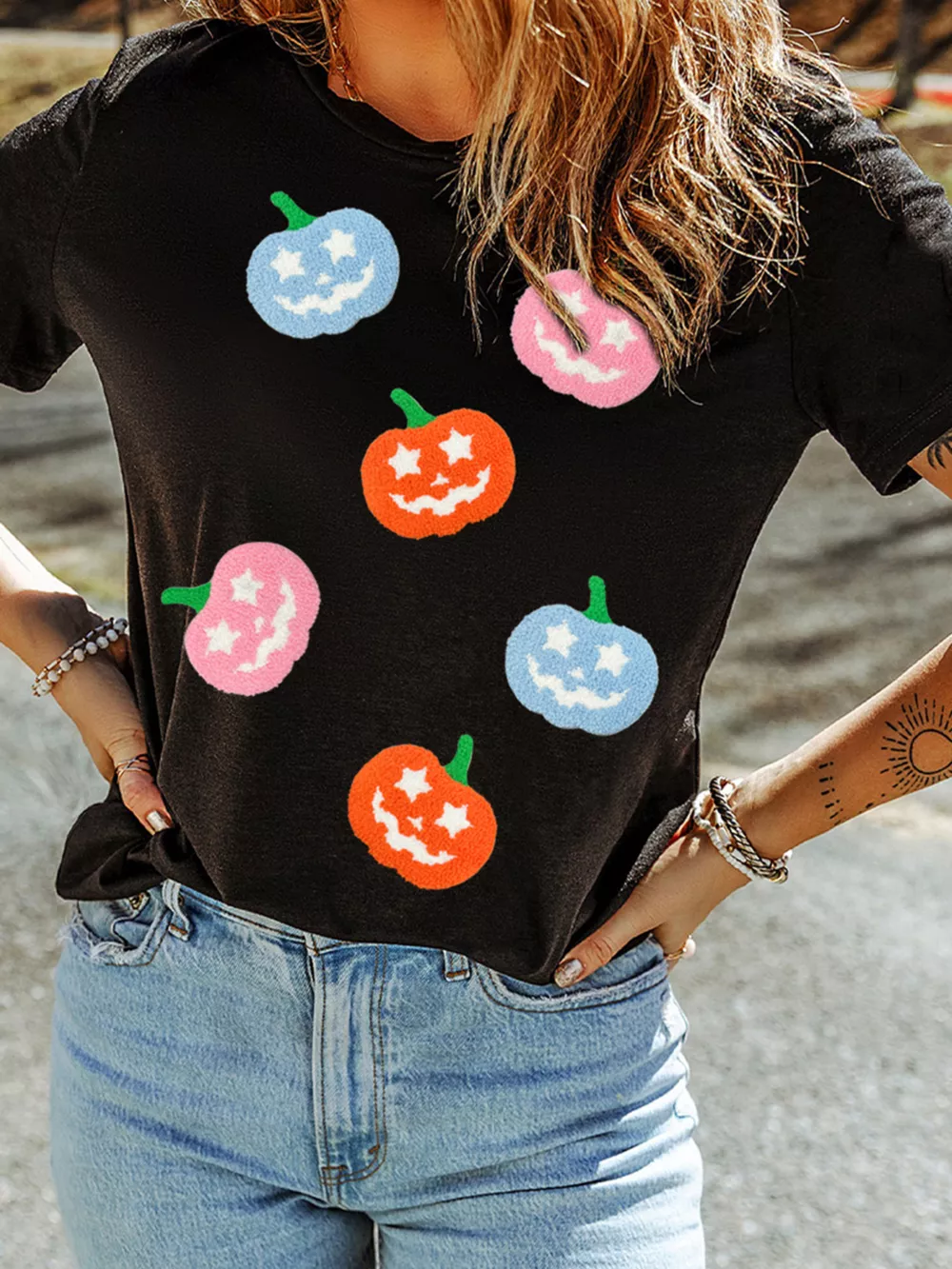 Chenille Pumpkin Patched Playful Halloween T Shirt, image 4