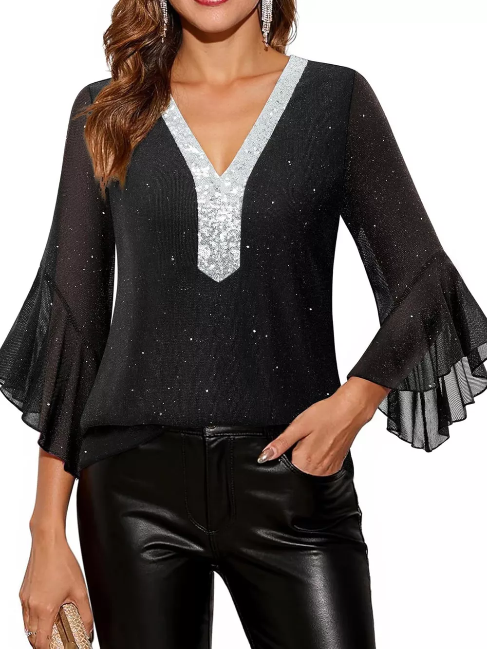 Sequin V-Neck Flounce Sleeve Blouse, image 8