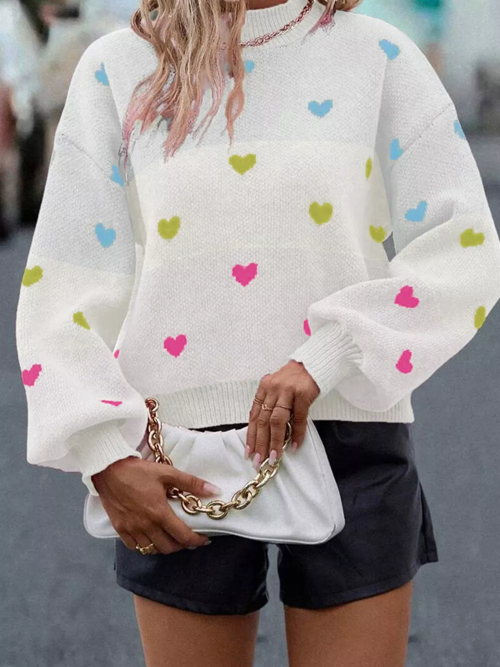 Multicolour Heart Pattern Dropped Shoulder Sweater, image 5