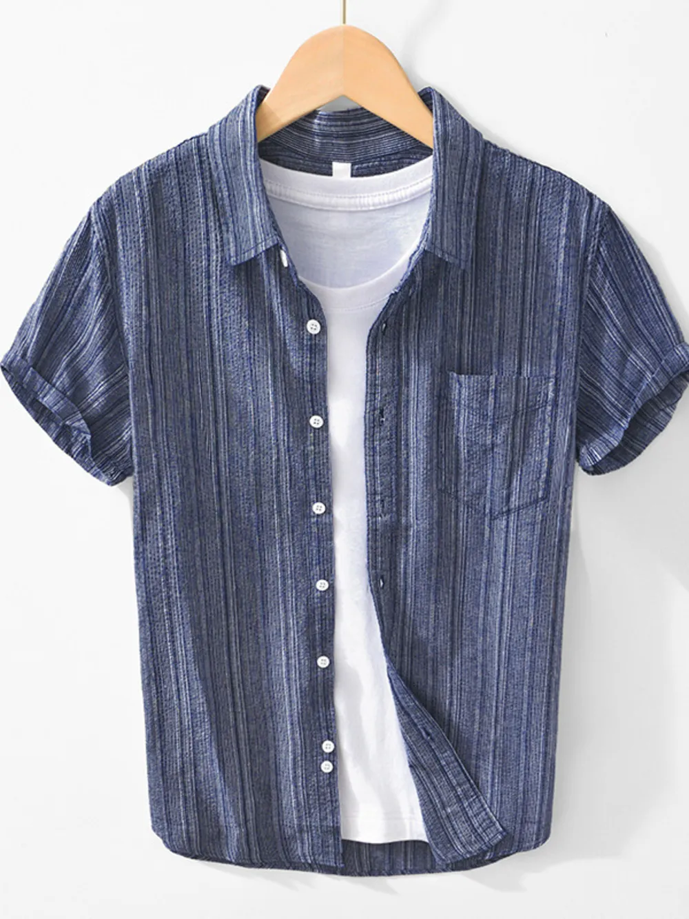 Men's Striped Collared Neck Short Sleeve Shirt, image 2