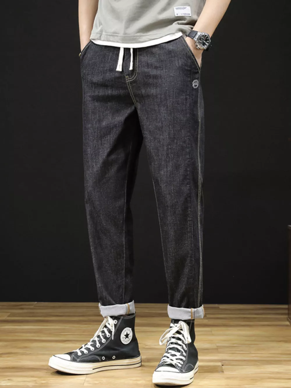 Men's Plus Size Drawstring Straight Leg Jeans, image 2