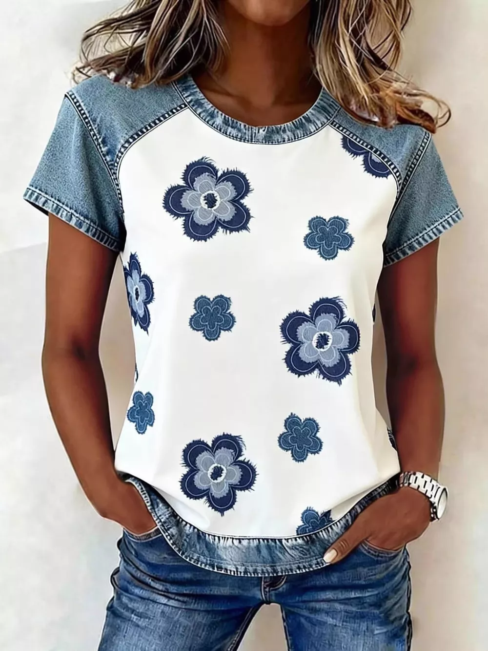 Denim Patchwork Short Sleeve Blouse, image 3