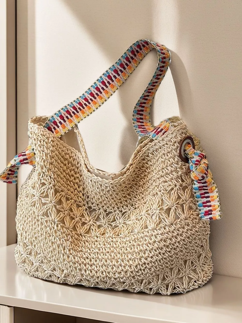 Woven Straw Shoulder Bag with Striped Handles, image 6