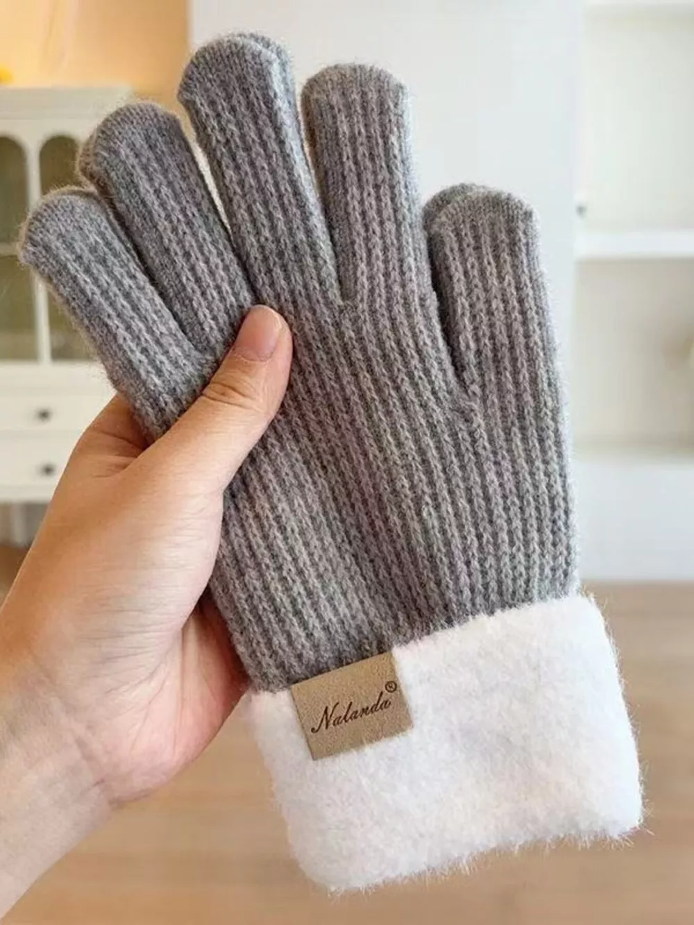 Knitted Warm Gloves with Plush Cuff, image 3