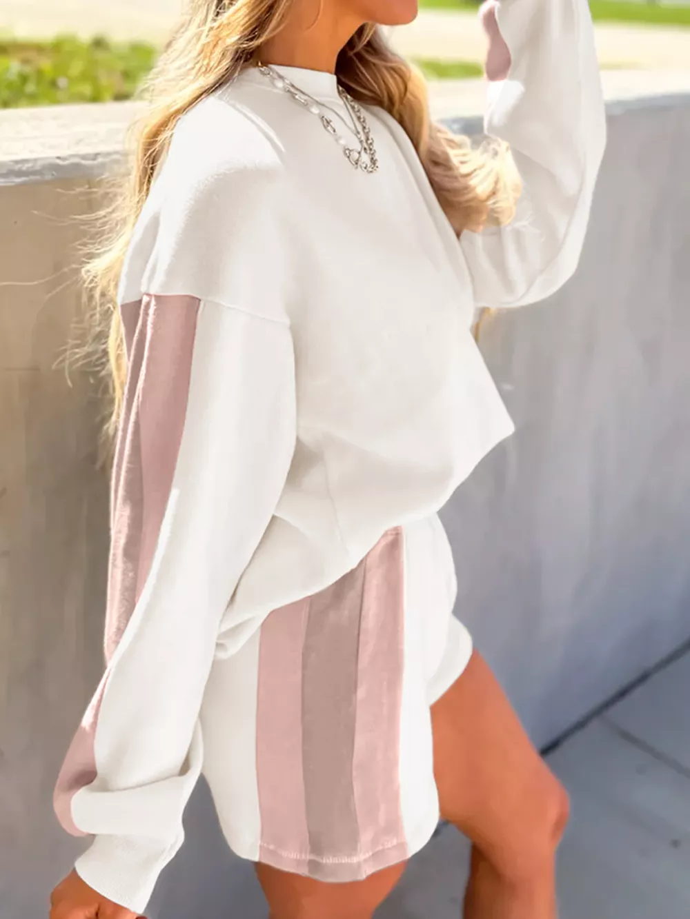 Color Block Patchwork Drop Shoulder Pullover and Shorts Set, image 6
