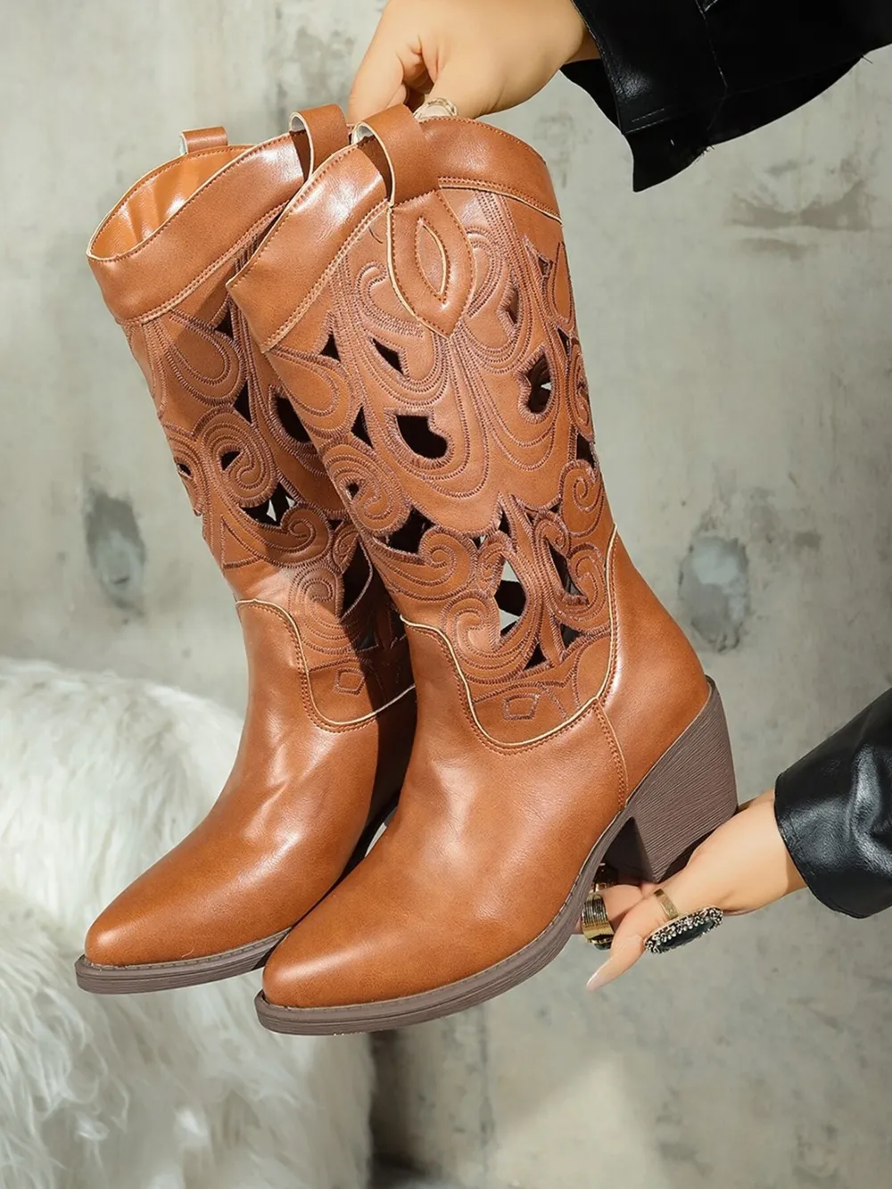 Western Cutout Pattern Block Heel Boots, image 7