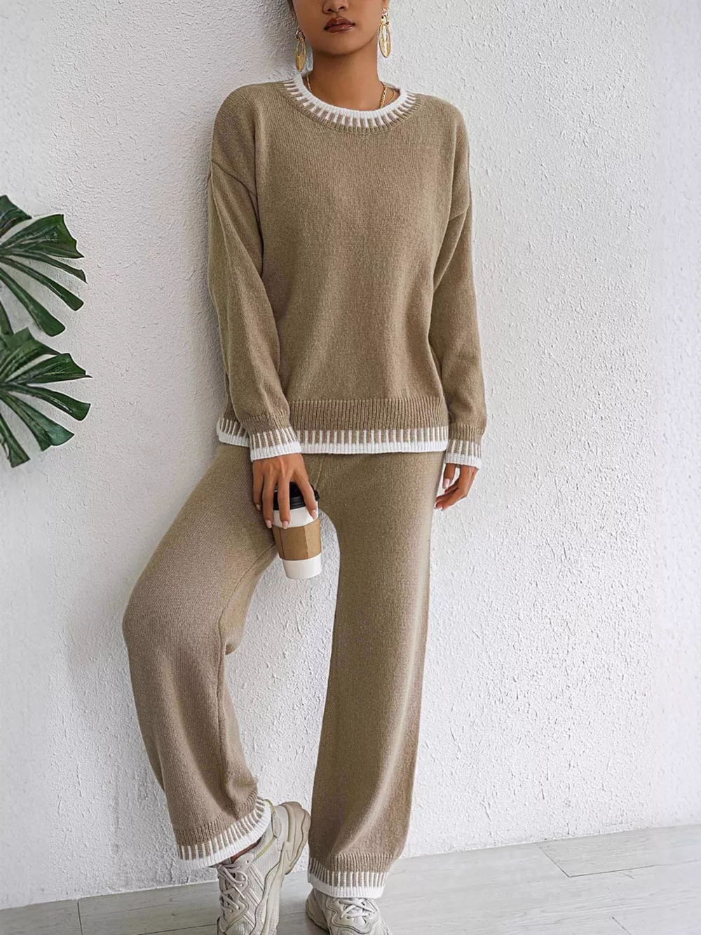 Contrast Trim Crew Neck Sweater and Pants Set, image 6