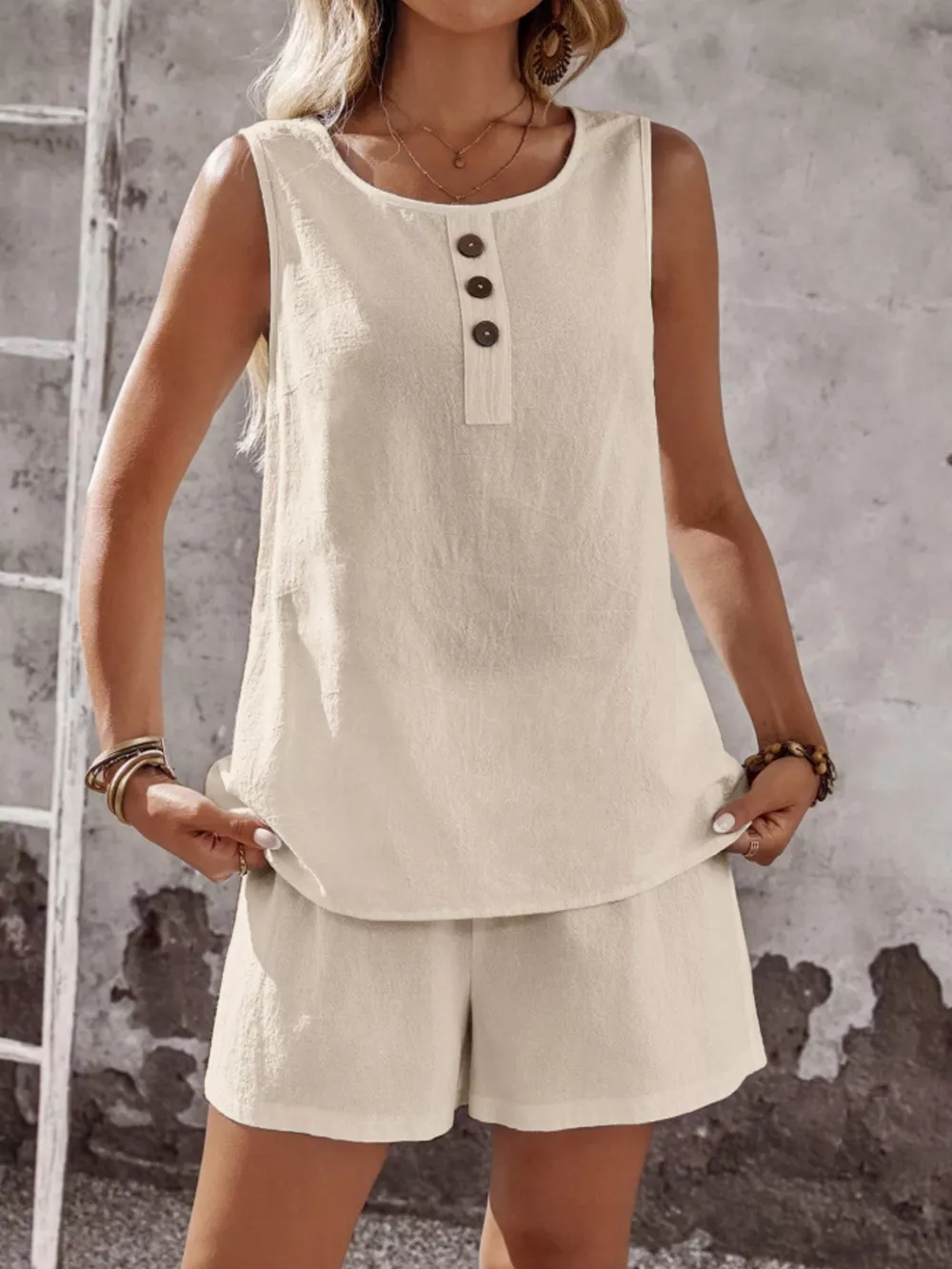 Decor Button Round Neck Tank and Shorts Set, image 3