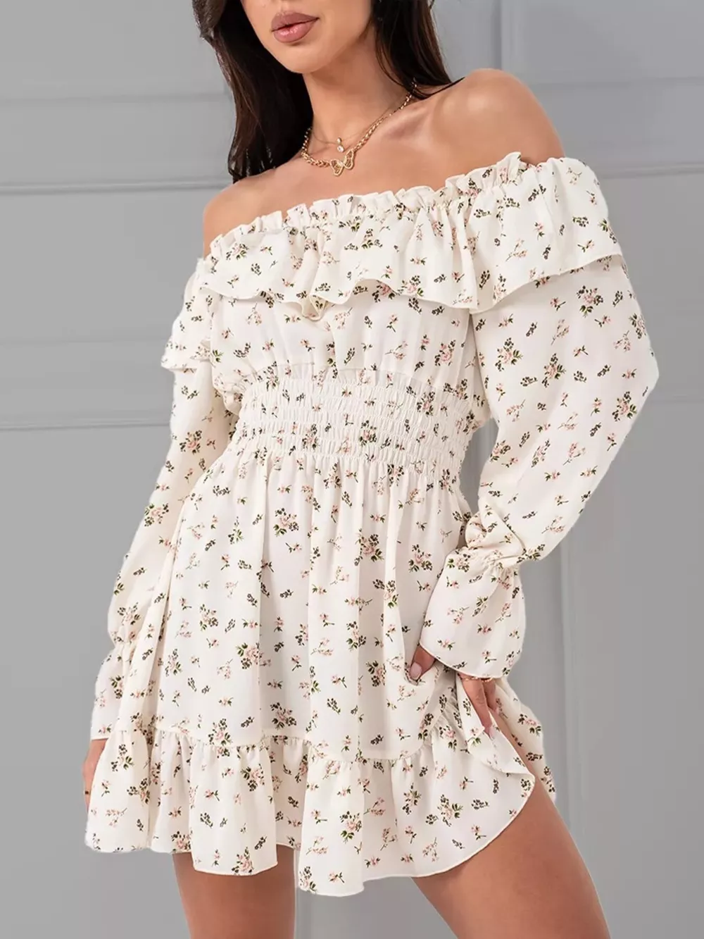 Off-Shoulder Floral Print Ruffle Dress, image 3