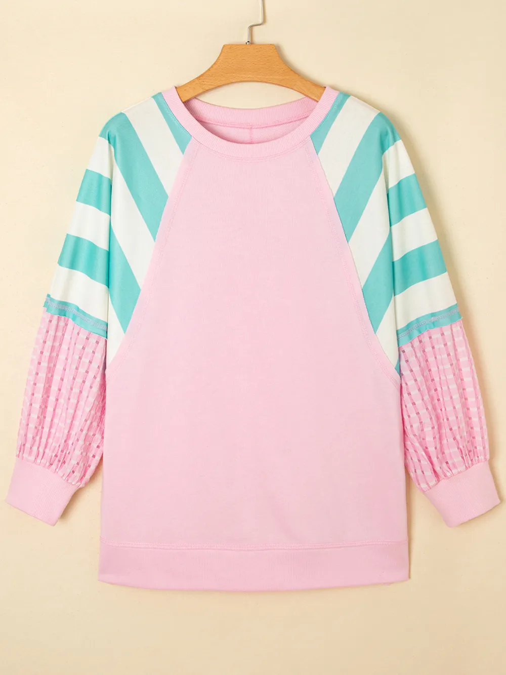 Striped Color Block Patchwork Raglan Sleeve Top with Slits, image 3