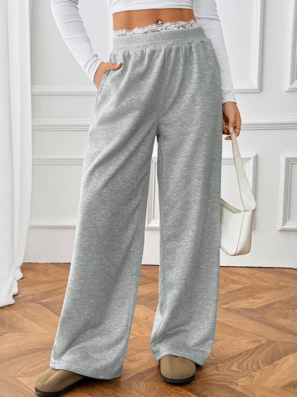 Lace Detail Wide Leg Casual Pants, image 3