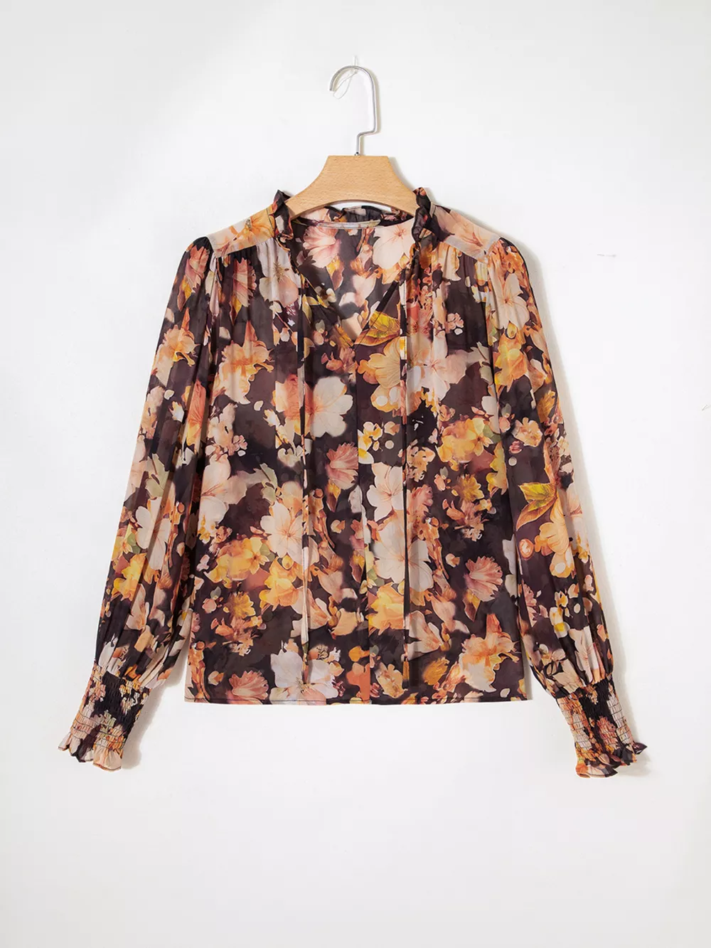 Floral V Neck Long Puff Sleeve Breezy Blouse, image 4