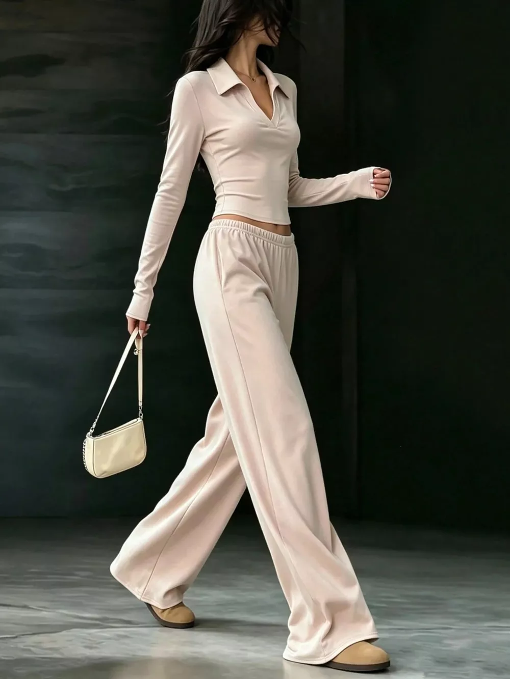 Solid Color Long Sleeve Polo Collar Top and Wide Leg Pants Set, image 4