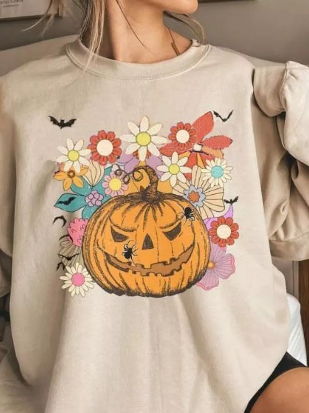 Halloween Pumpkin Floral Round Neck Sweatshirt, image 2