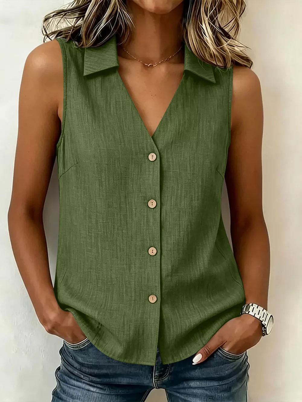 Full Size Button-Up Collared Neck Sleeveless Top Plus Size, image 5