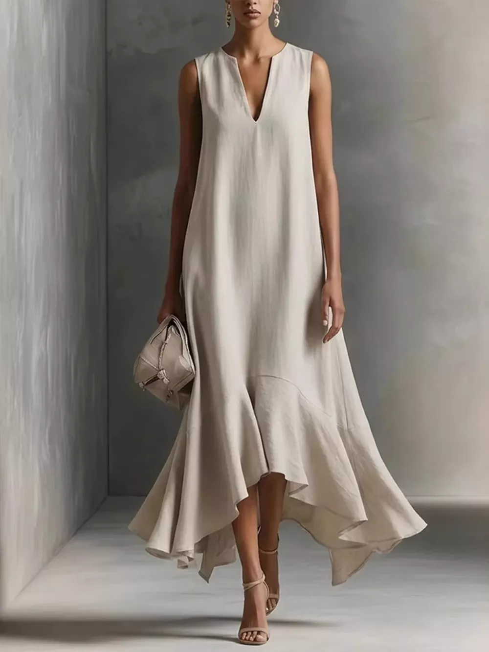 Ruffled Hem Sleeveless Notched Dress, image 2