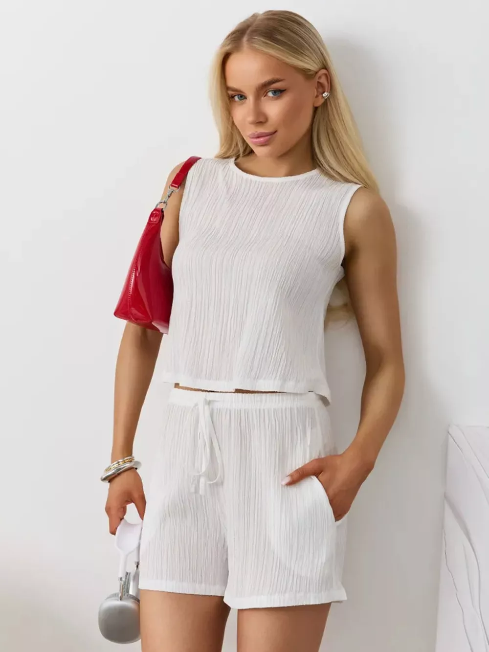 Textured Round Neck Tank and Shorts Set, image 7