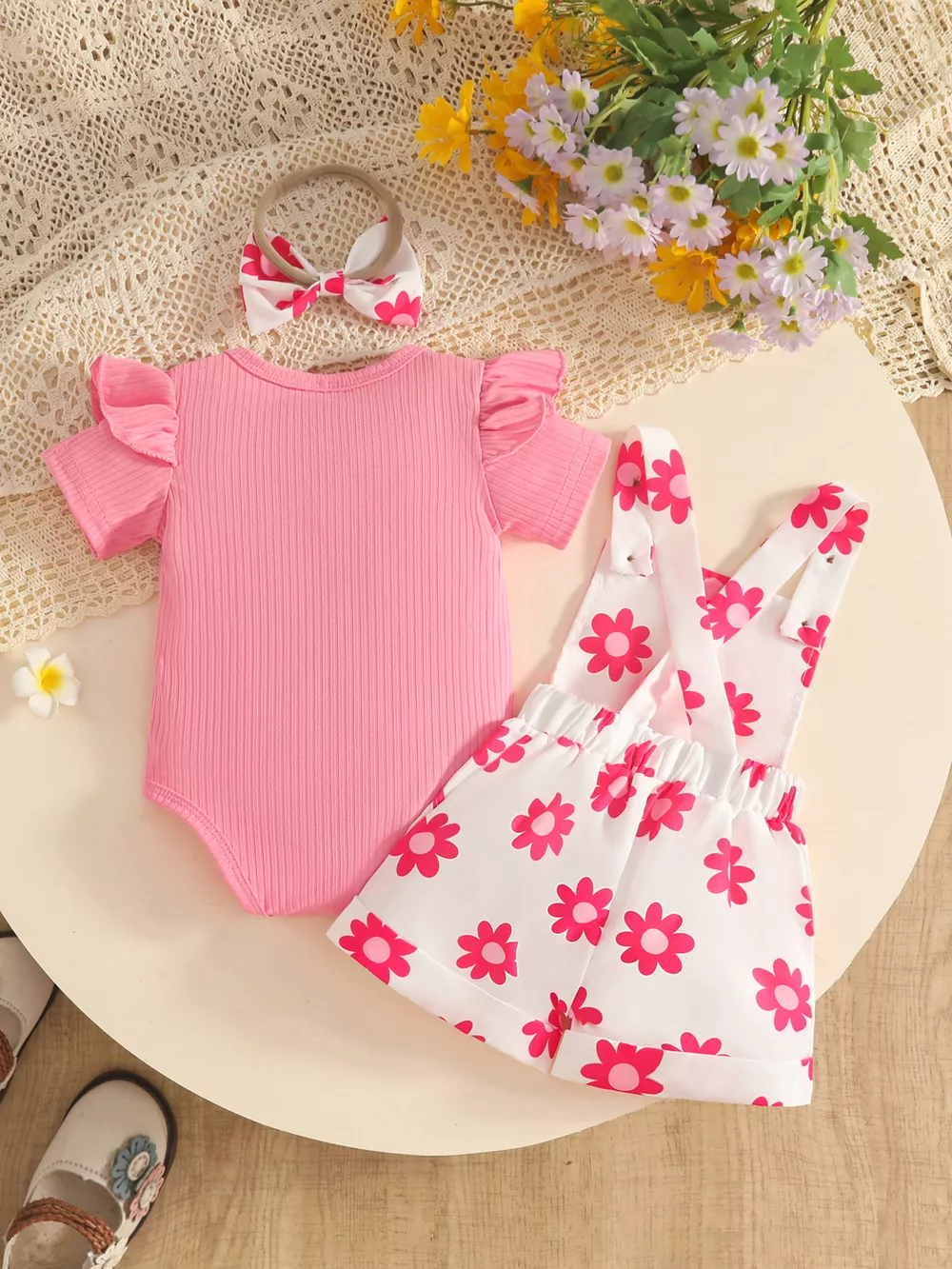 Children's Floral Print Overalls and Ribbed Top Set with Bow Headband, image 3