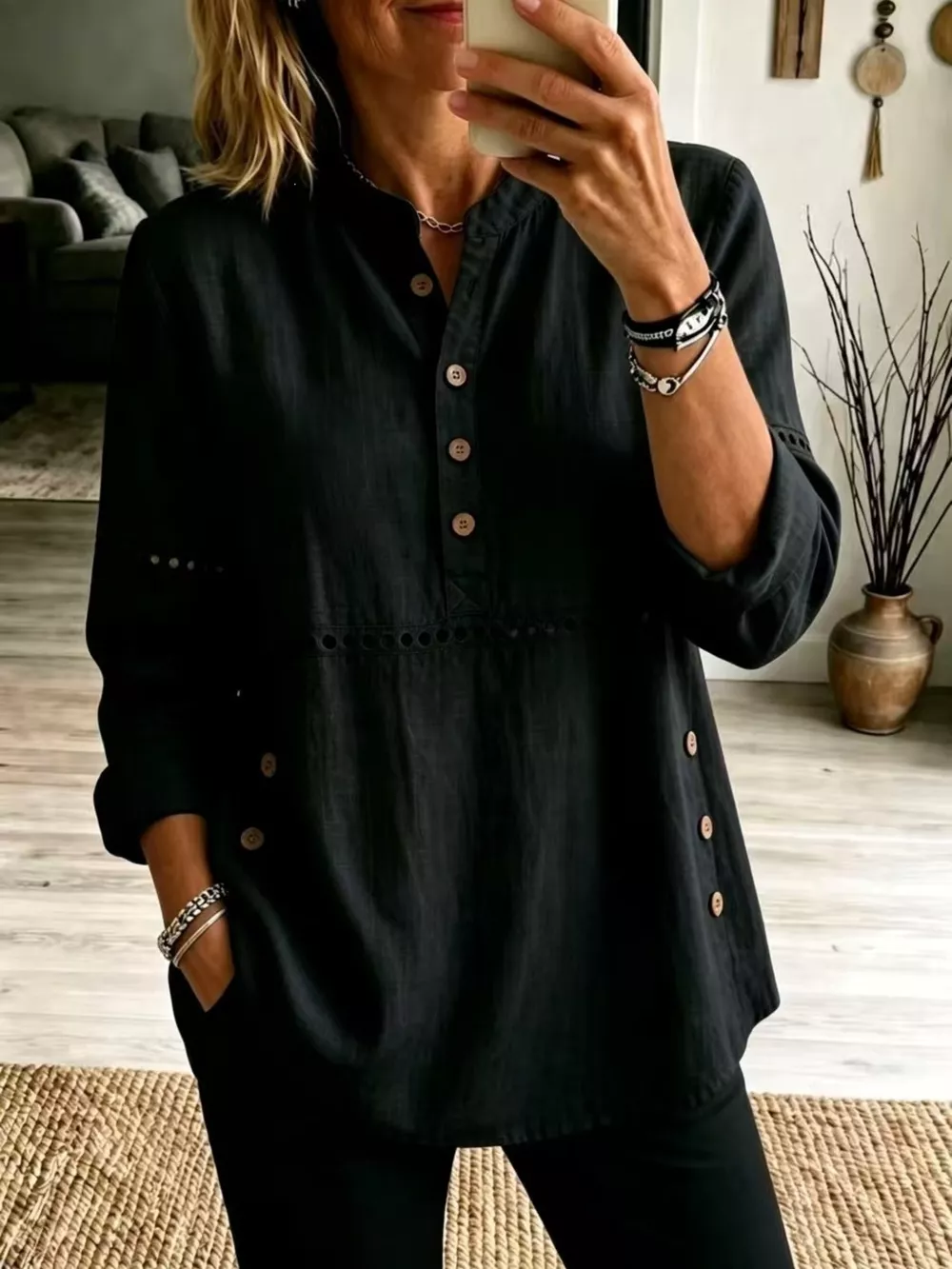 Full Size Button Detail Eyelet Long Sleeve Blouse Plus Size