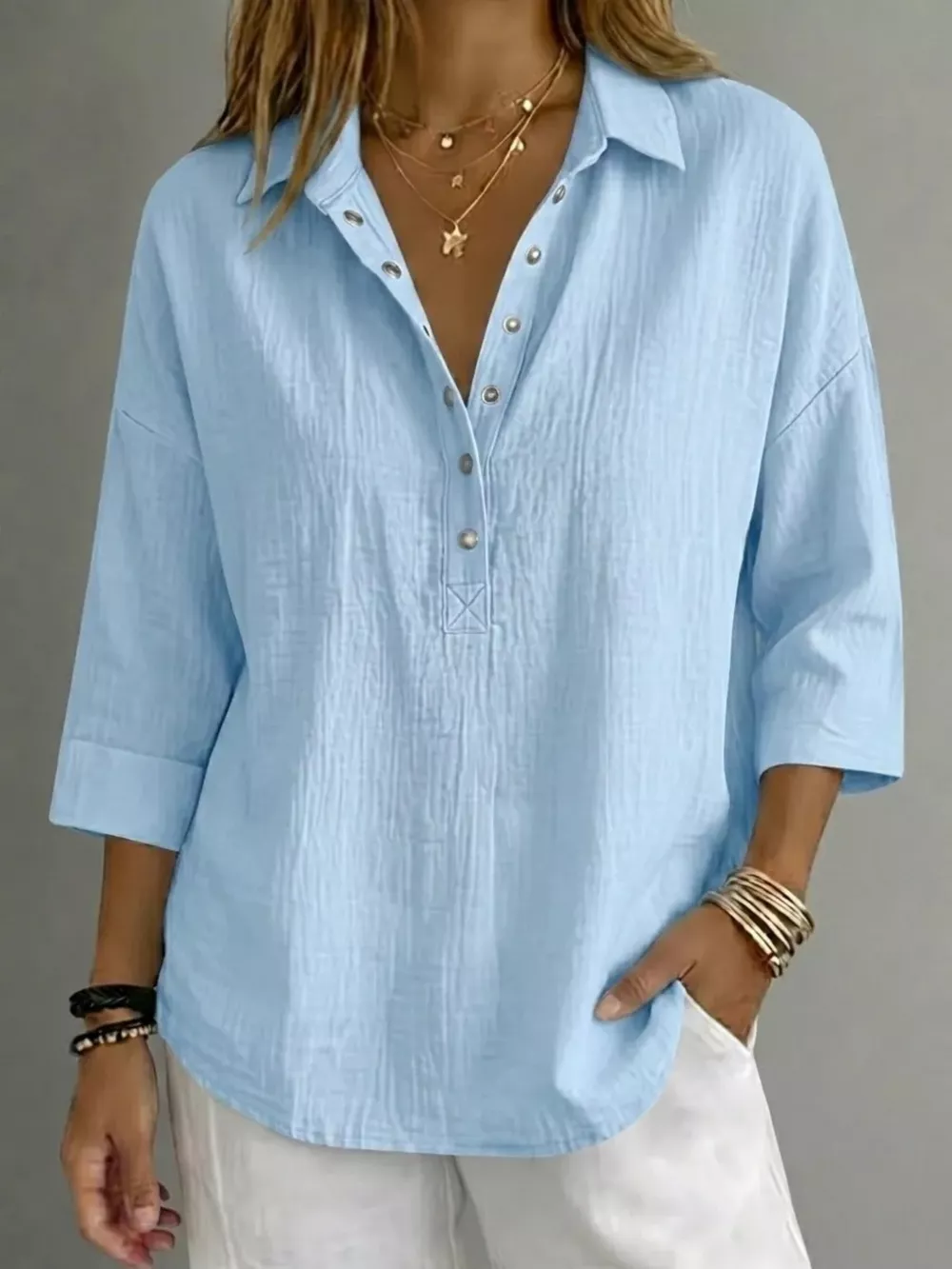 Full Size Snap Down 3/4 Sleeves Blouse Plus Size, image 3