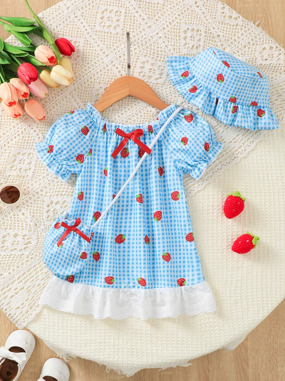 Children's Strawberry Gingham Dress with Matching Purse & Hat Set, image 2