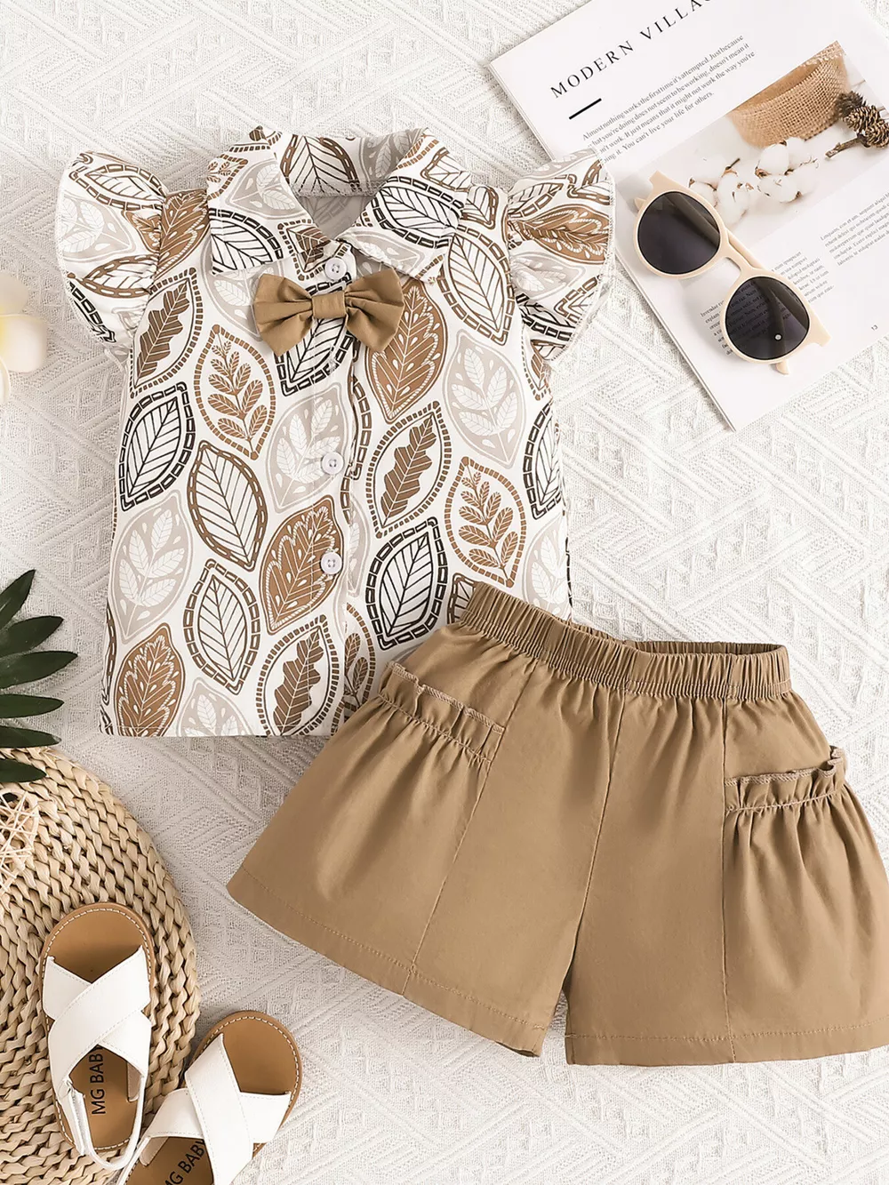 Children's Leaf Print Bow Decor Top and Shorts Set
