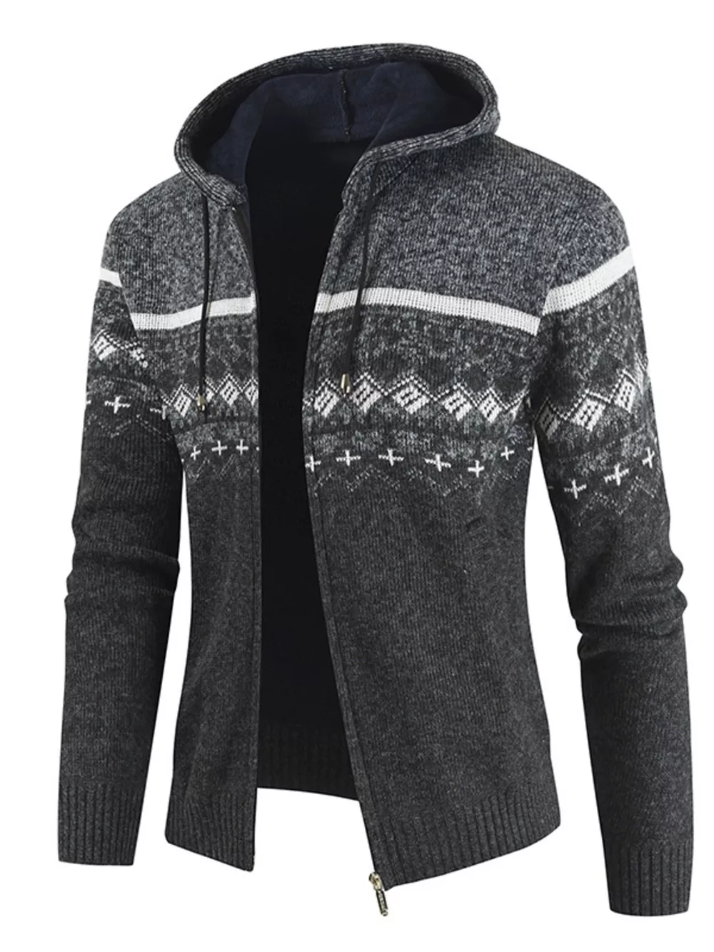 Men's Plus Size Hooded Fair Isle Pattern Knit Cardigan, image 3