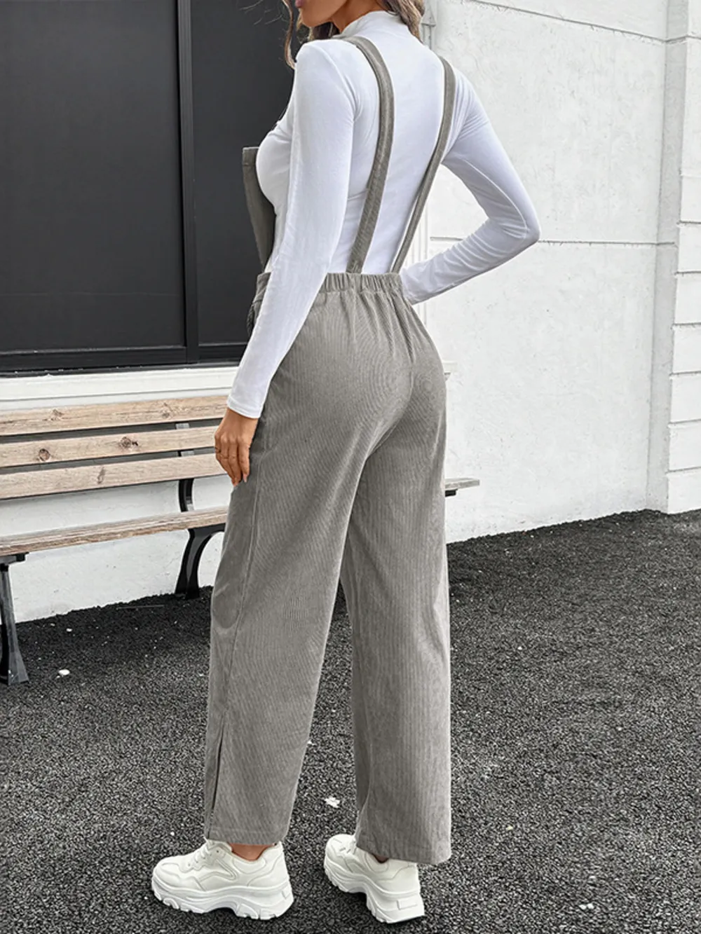 Slit Wide Leg Overalls with Pockets, image 2