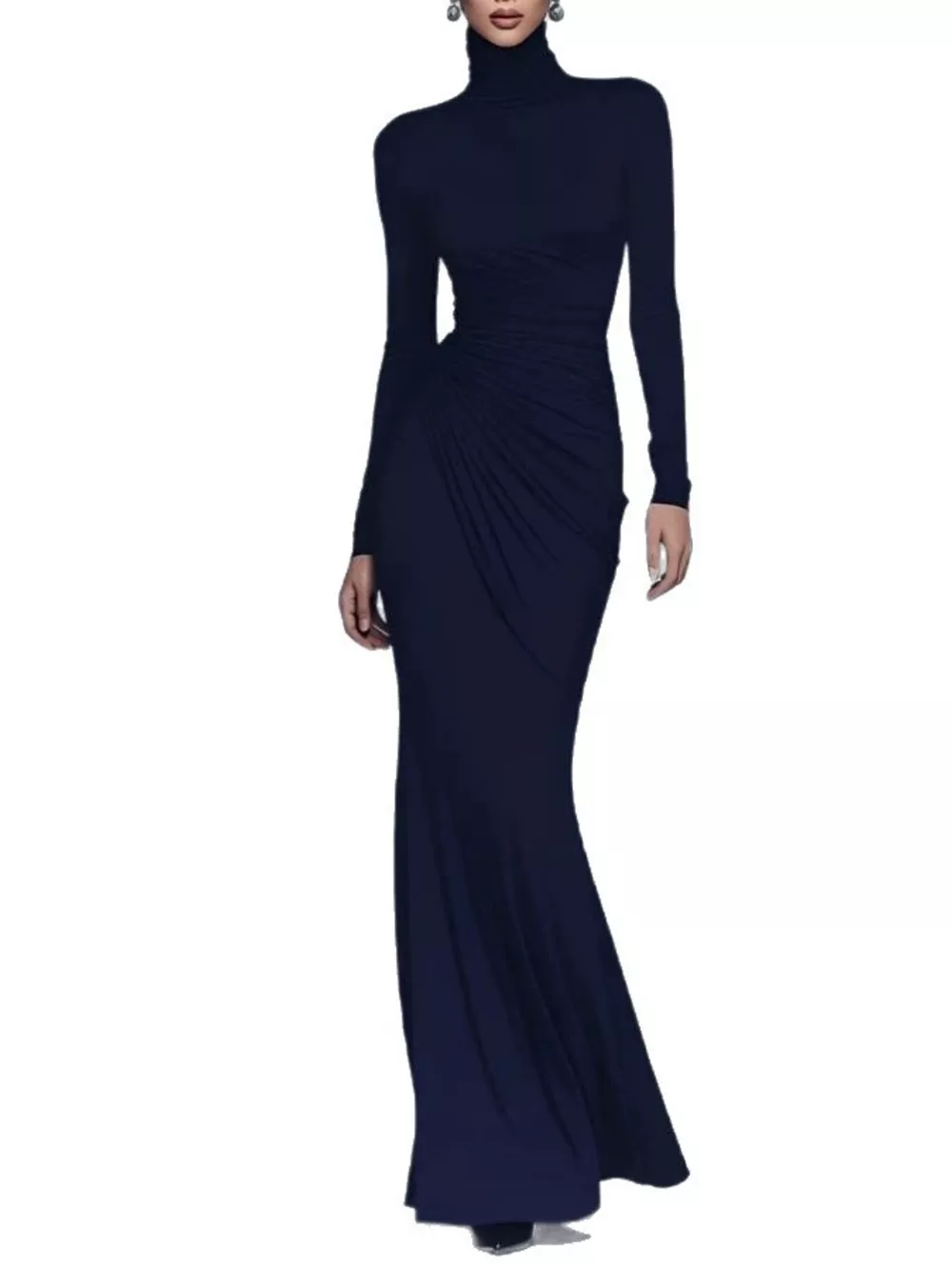 Turtleneck Long-Sleeve Ruched Maxi Dress, image 4