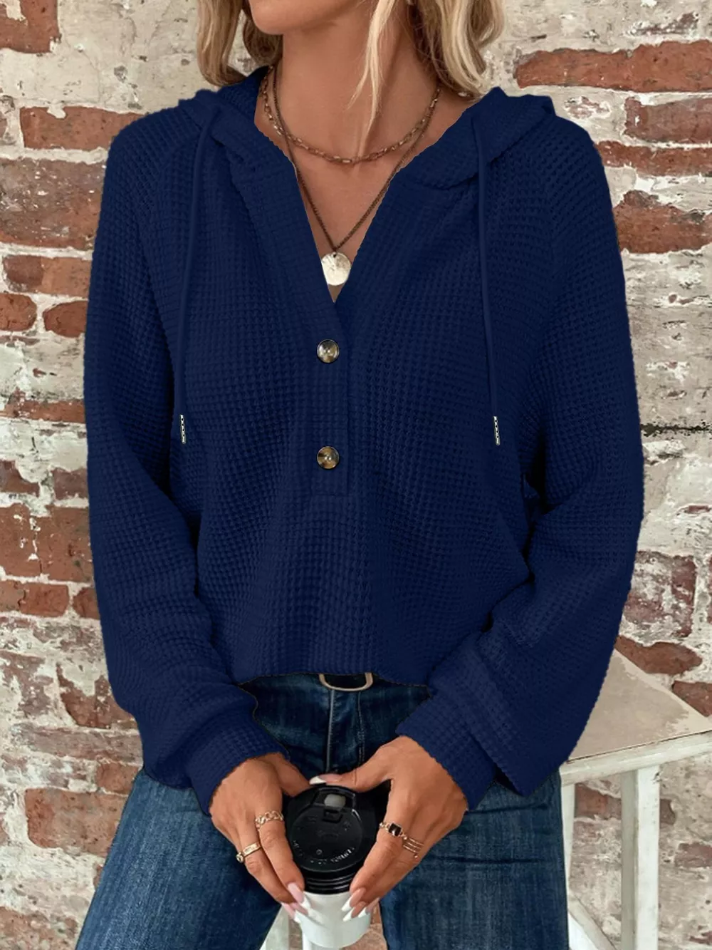 Waffle Knit Button Detail Hoodie, image 21
