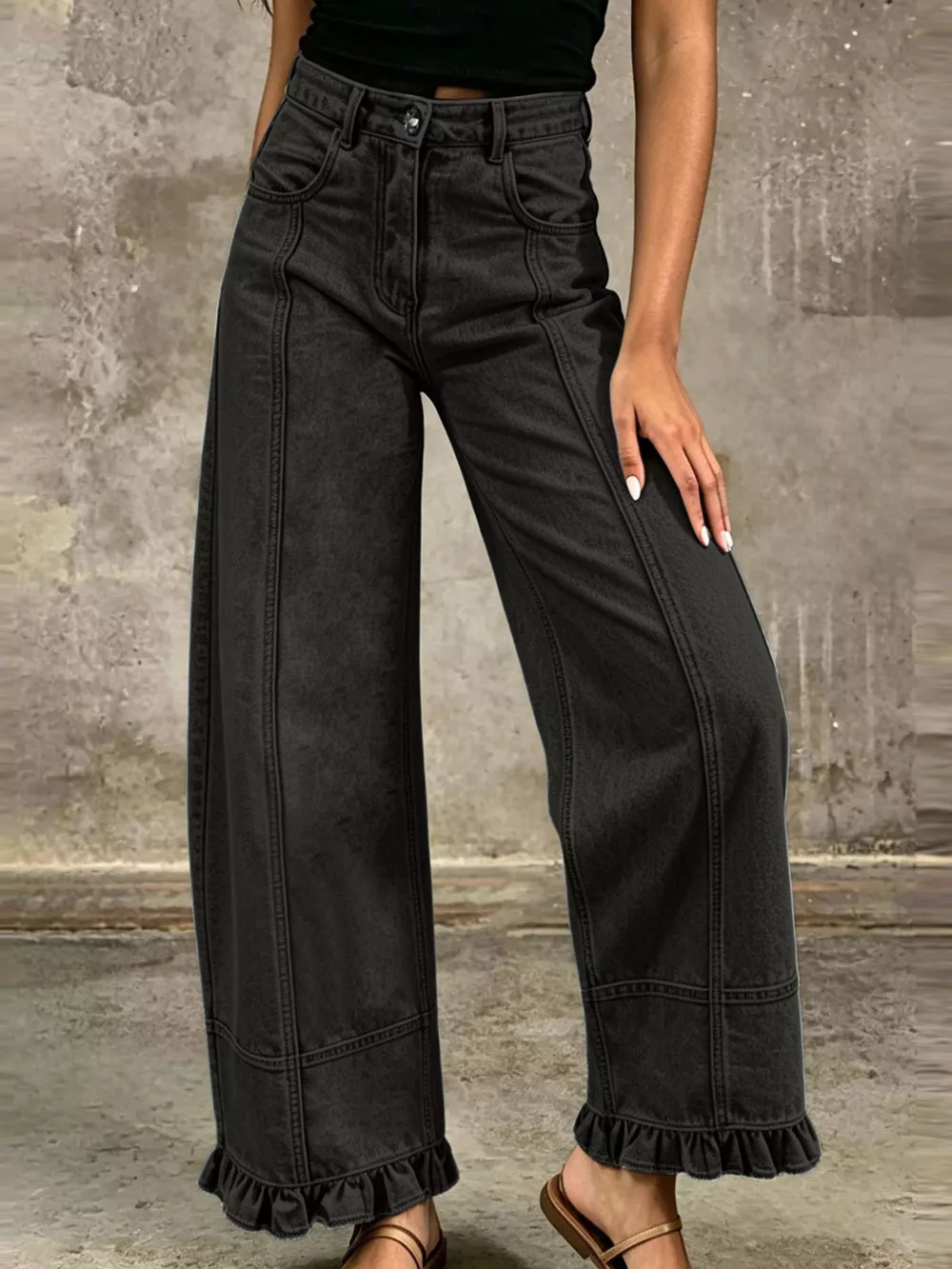 Full Size High-Waisted Wide-Leg Ruffled Hem Jeans Plus Size, image 10