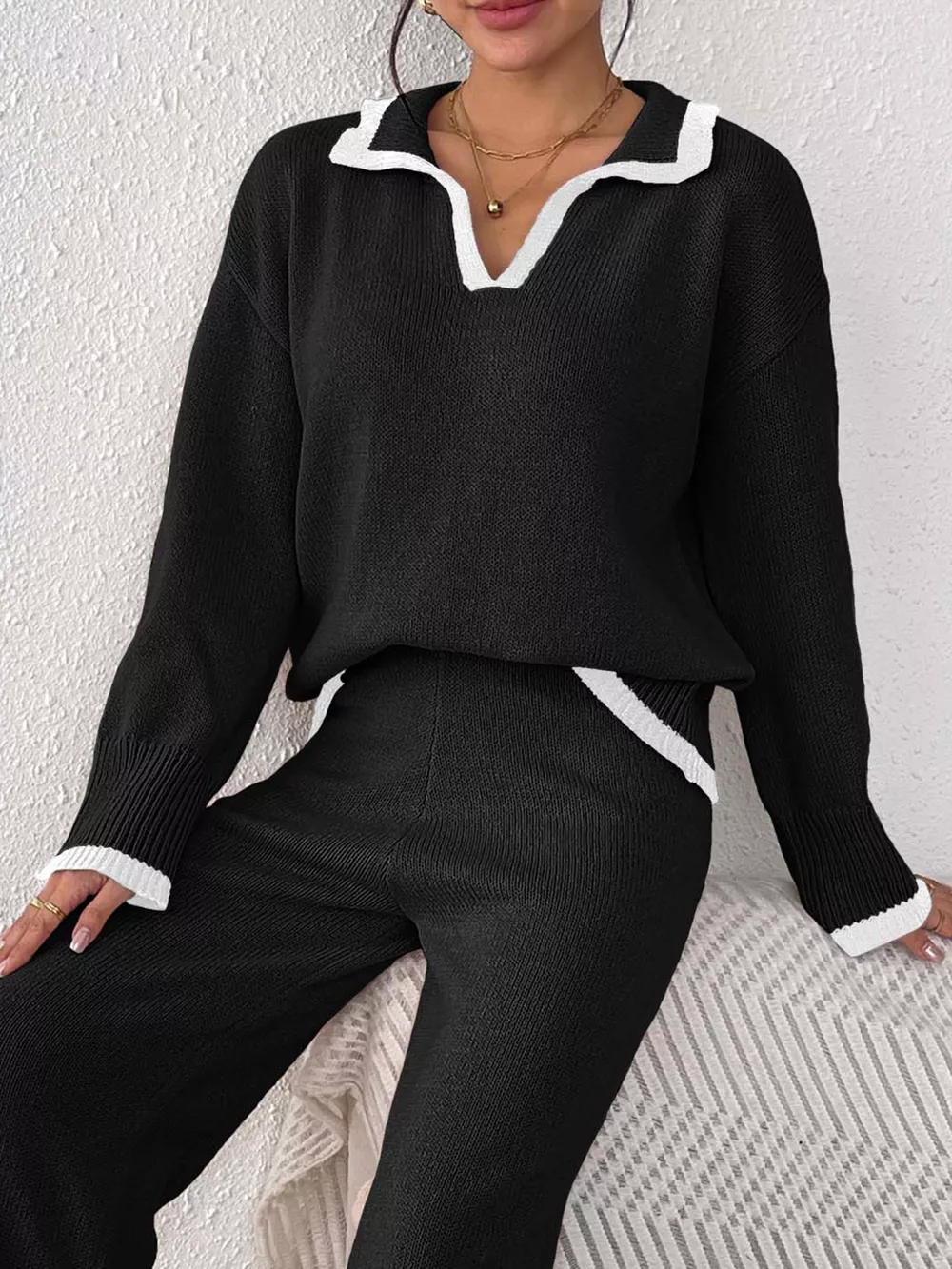 Contrast Trim Polo Collar Sweater, image 2