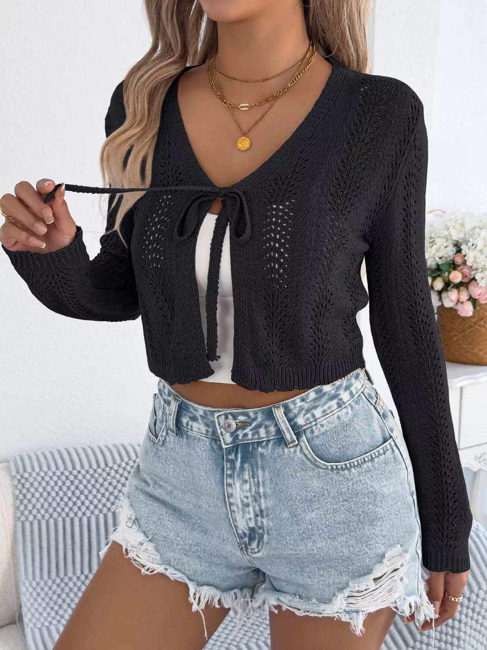 Openwork Tie Front Long Sleeve Cardigan, image 3