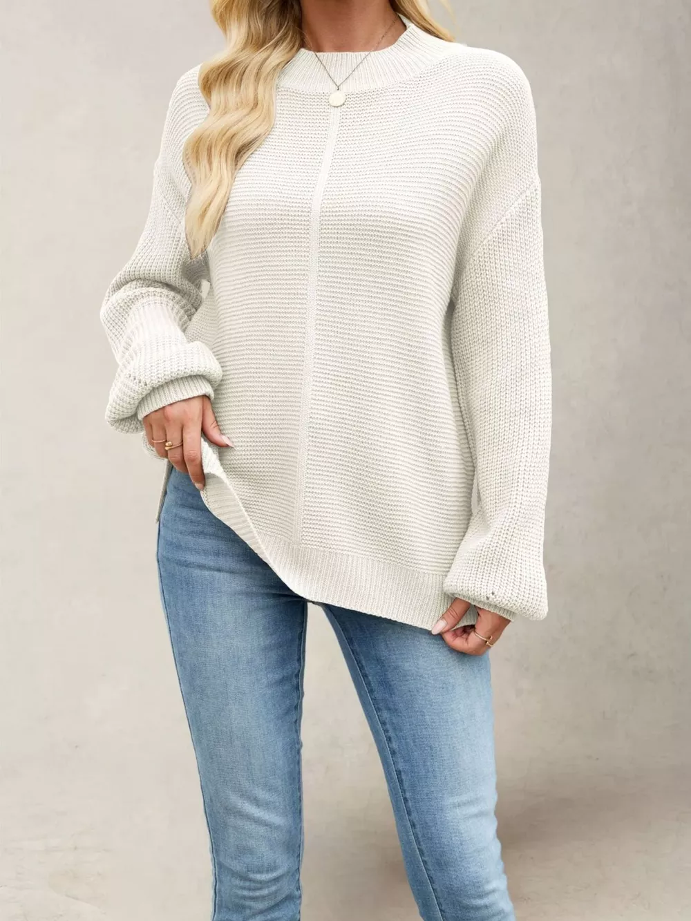 Ribbed Mock Neck Drop Shoulder Sweater