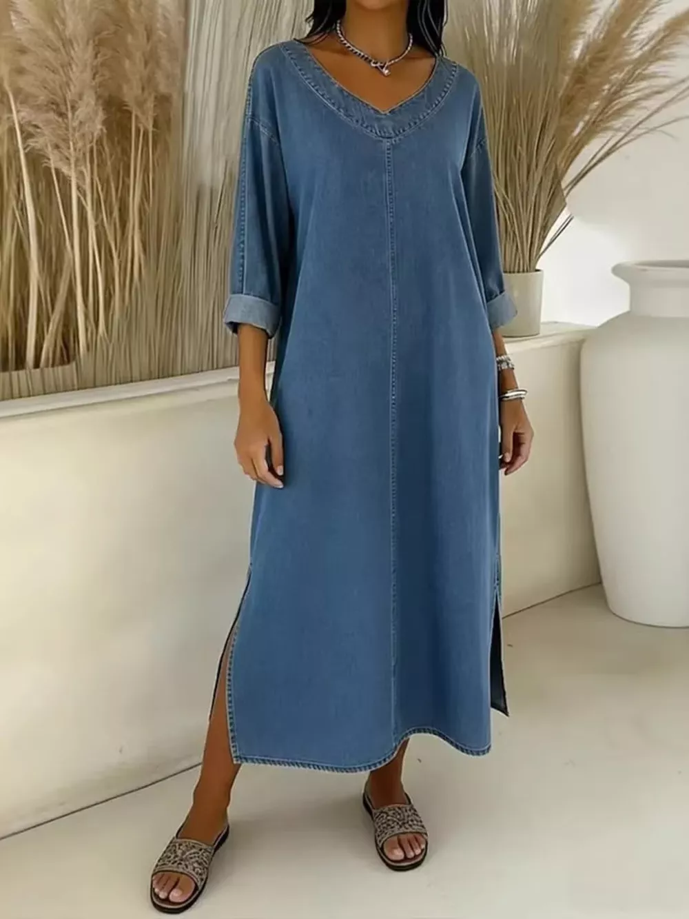 Side Slit V-Neck Midi Dress, image 3