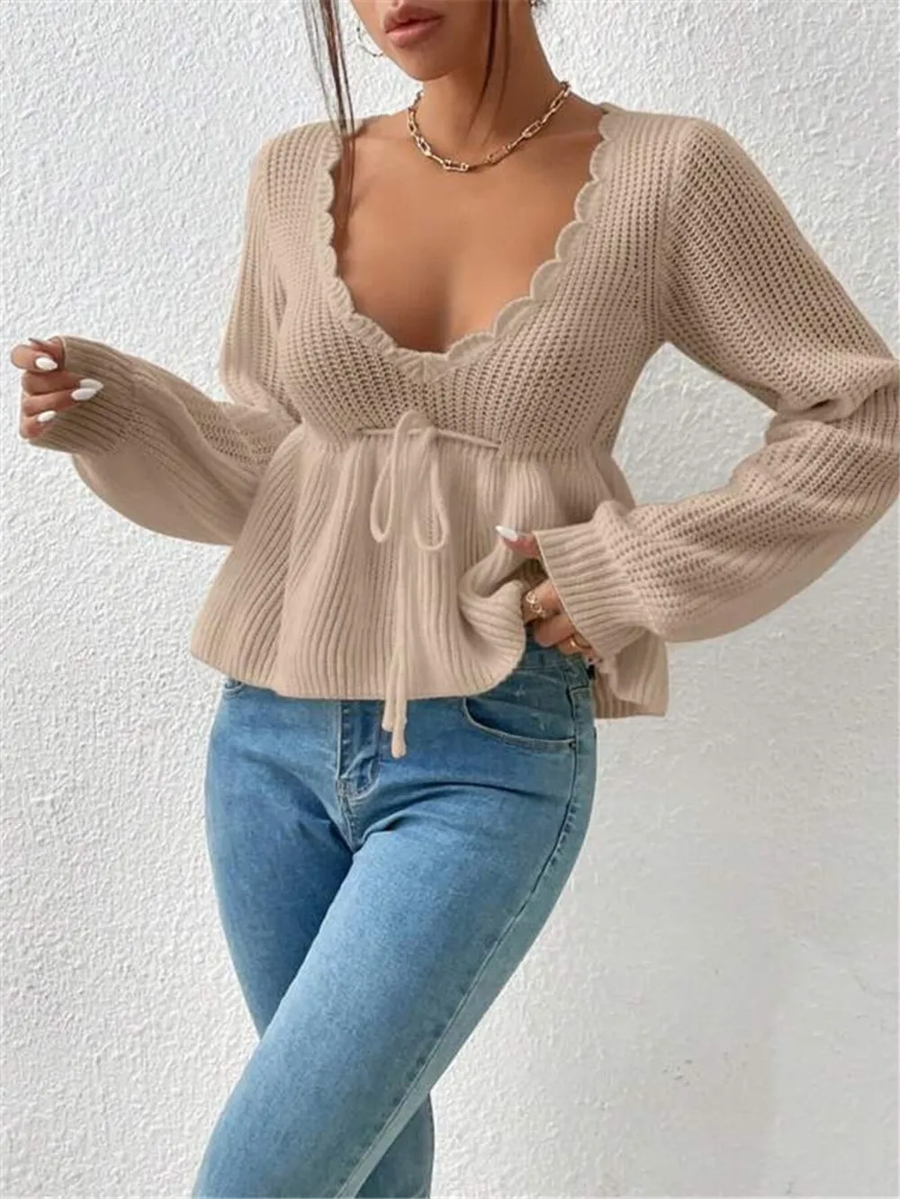 Scalloped V-Neck Drawstring Knit Top, image 13