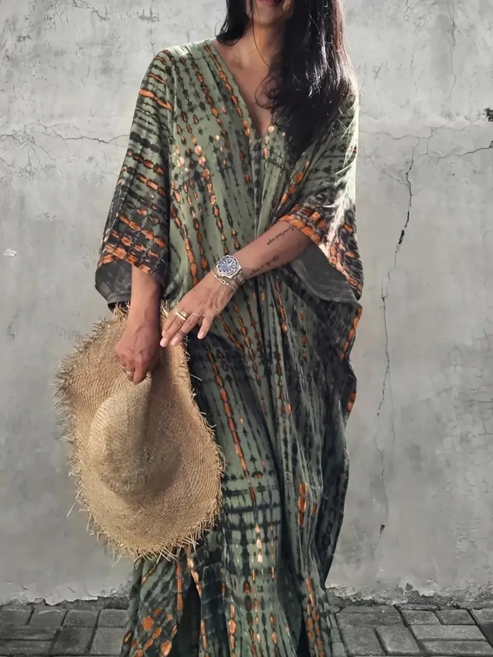 Tie-Dye V-Neck Maxi Dress with Flowy Sleeves, image 3