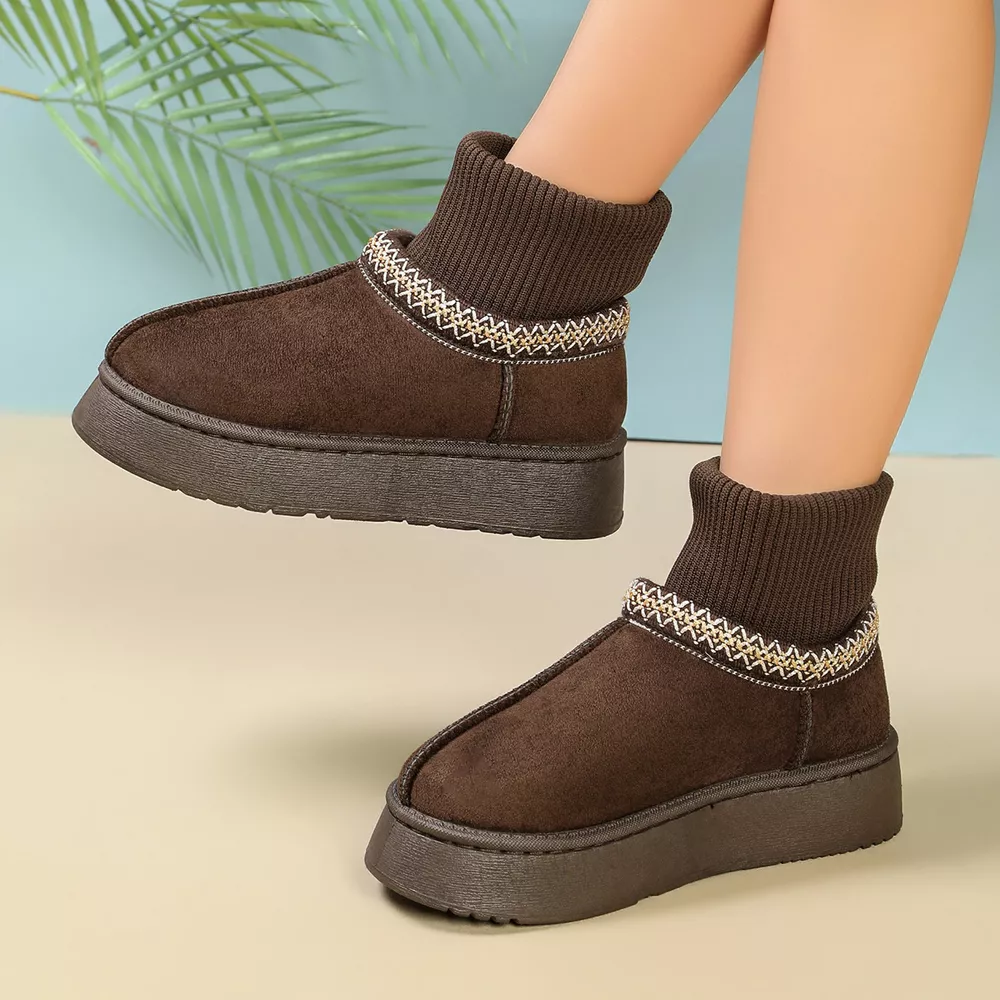 Cozy Knit-Cuff Platform Suede Boots with Decorative Trim, image 4