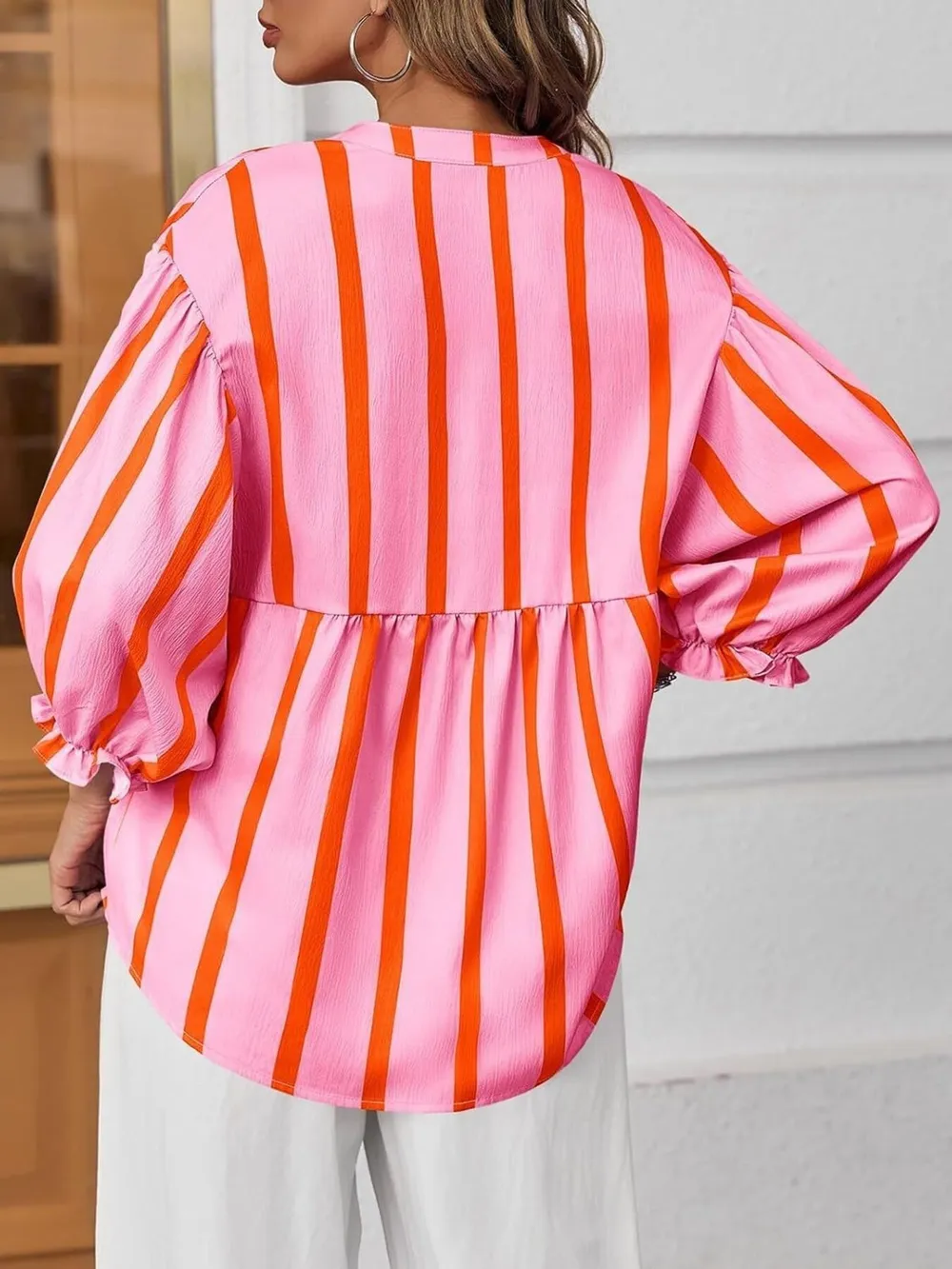 Striped Button Front Notched Blouse, image 9