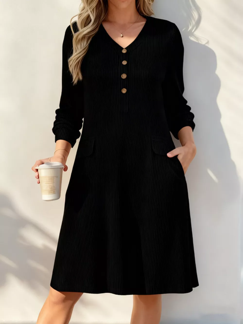 Full Size Ribbed Knit V-Neck Dress Plus Size, image 2
