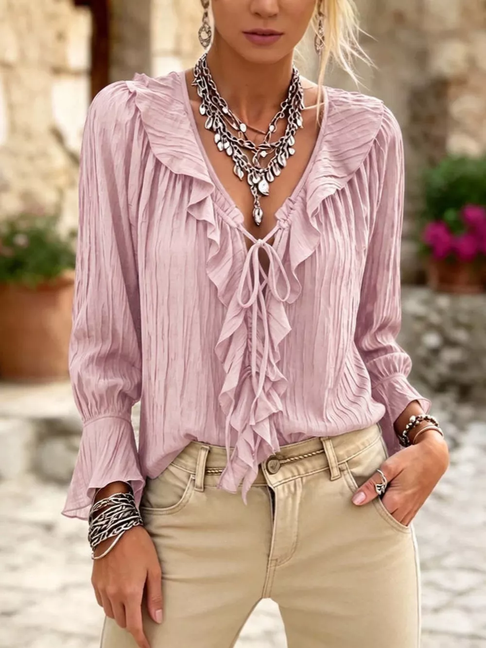 Full Size Ruffled Tie Neck Long Sleeve Blouse Plus Size, image 9