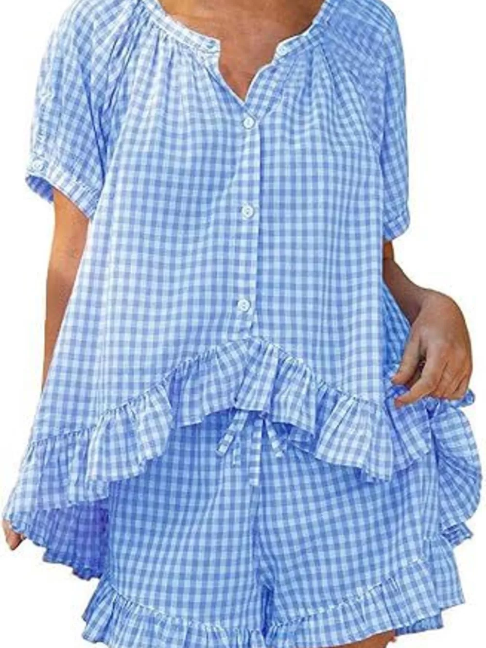 Gingham Ruffle Trim Top and Shorts Set, image 3