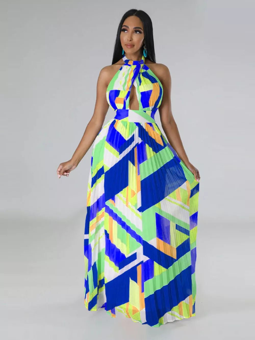 Halter Neck Geometric Print Pleated Maxi Dress, image 16